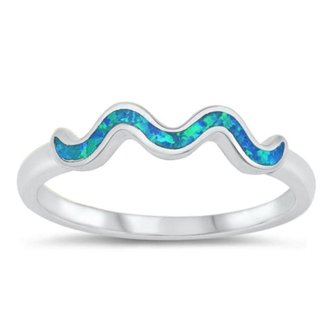 Sterling Silver Rhodium Plated Squiggle Lab Blue Opal CZ Ring