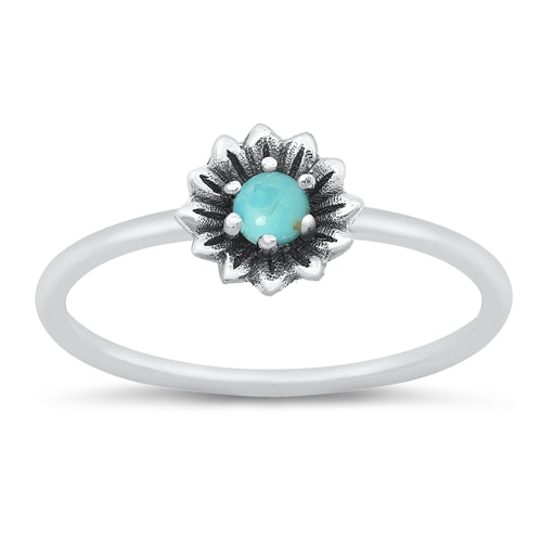 Sterling Silver Oxidized Flower Genuine Turquoise Ring Face Height-7mm