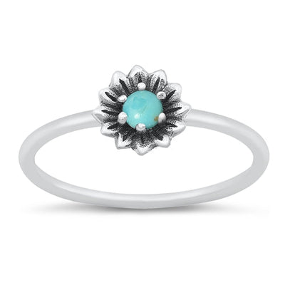 Sterling Silver Oxidized Flower Genuine Turquoise Ring Face Height-7mm