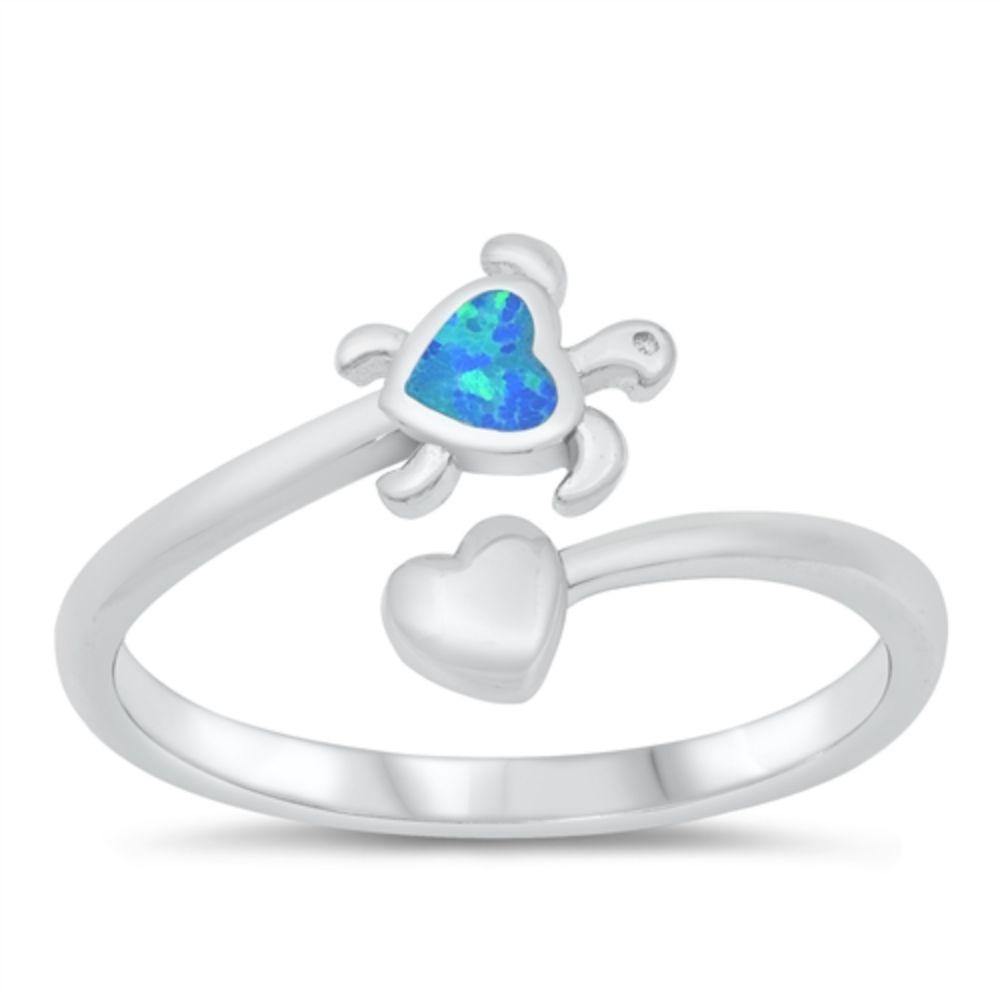 Sterling Silver Rhodium Plated Blue Opal Turtle and Heart Ring - silverdepot