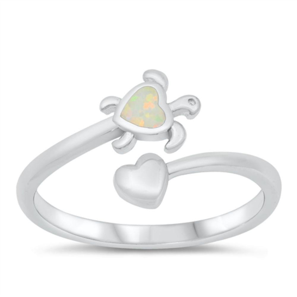 Sterling Silver Rhodium Plated White Opal Turtle and Heart Ring - silverdepot