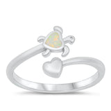 Sterling Silver Rhodium Plated White Opal Turtle and Heart Ring