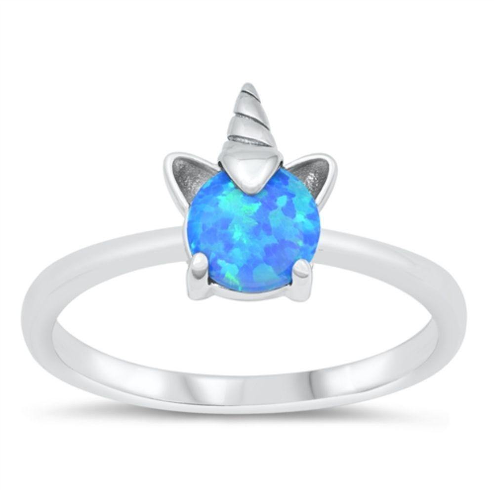 Sterling Silver Rhodium Plated Blue Opal Unicorn Ring - silverdepot