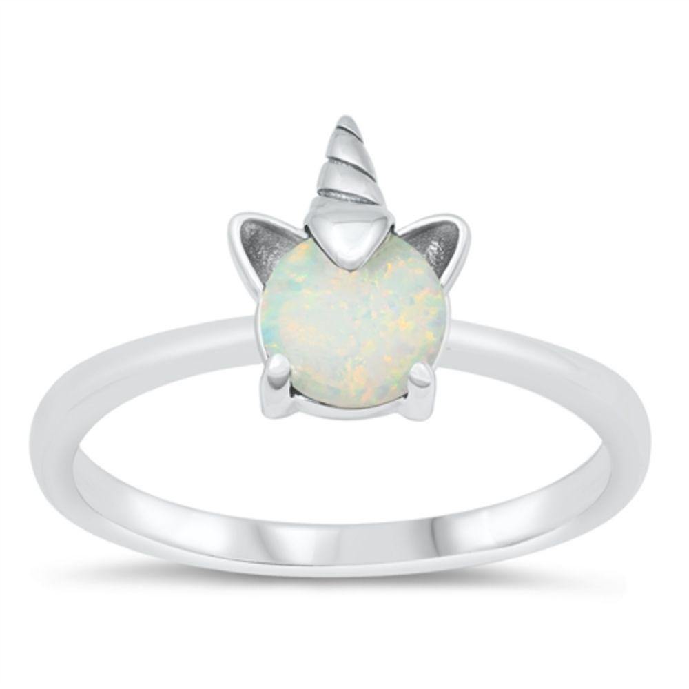 Sterling Silver Rhodium Plated White Opal Unicorn Ring - silverdepot