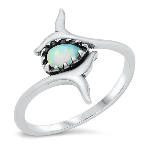 Sterling Silver oxidized whale Tail Bali White Lab Opal Ring