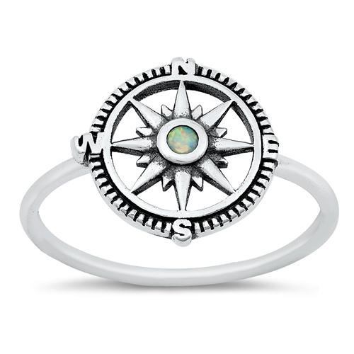 Sterling Silver oxidized compass White Lab Opal Ring