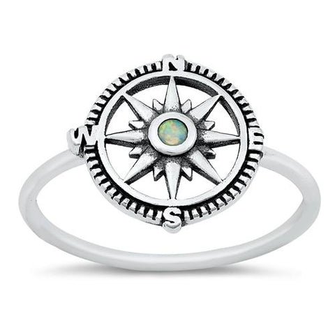 Sterling Silver oxidized compass White Lab Opal Ring