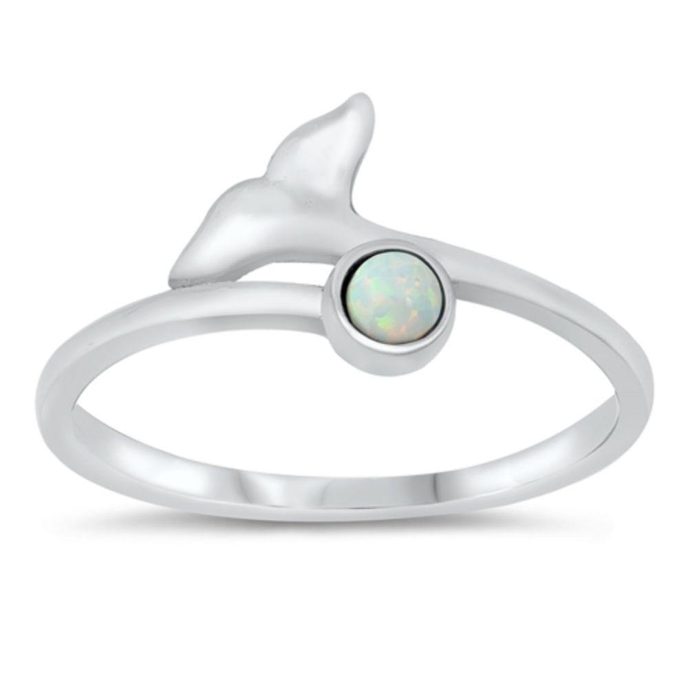 Sterling Silver Rhodium Plated White Opal Whale Tail Ring - silverdepot