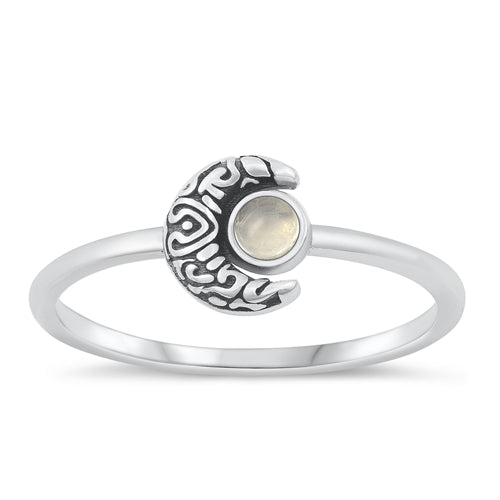Sterling Silver Rhodium Plated Moon Moonstone Ring-8mm