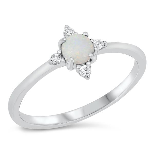 Sterling Silver Rhodium Plated White Lab Opal and Clear CZ Ring