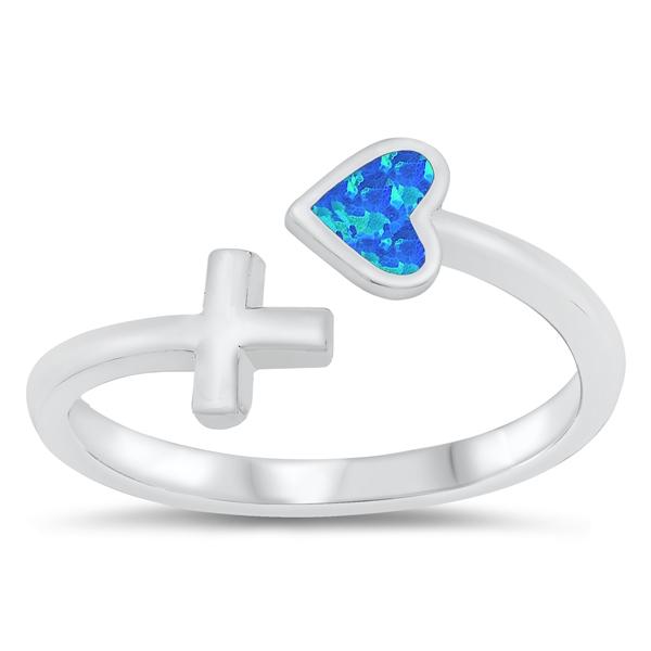 Sterling Silver Rhodium Plated Heart and Cross Blue Lab Opal and Clear CZ Ring