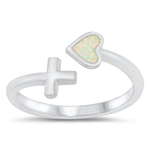 Load image into Gallery viewer, Sterling Silver Rhodium Plated Heart and Cross White Lab Opal and Clear CZ Ring