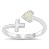 Sterling Silver Rhodium Plated Heart and Cross White Lab Opal and Clear CZ Ring