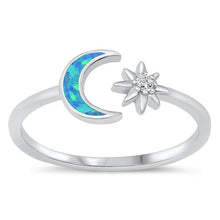 Load image into Gallery viewer, Sterling Silver Rhodium Plated Moon and Star Blue Lab Opal and Clear CZ Ring