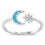 Sterling Silver Rhodium Plated Moon and Star Blue Lab Opal and Clear CZ Ring