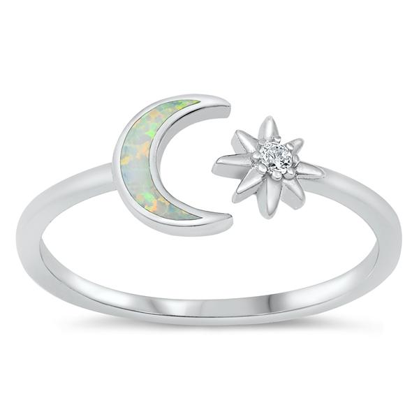 Sterling Silver Rhodium Plated Moon and Star White Lab Opal and Clear CZ Ring