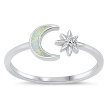 Load image into Gallery viewer, Sterling Silver Rhodium Plated Moon and Star White Lab Opal and Clear CZ Ring