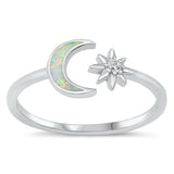 Sterling Silver Rhodium Plated Moon and Star White Lab Opal and Clear CZ Ring