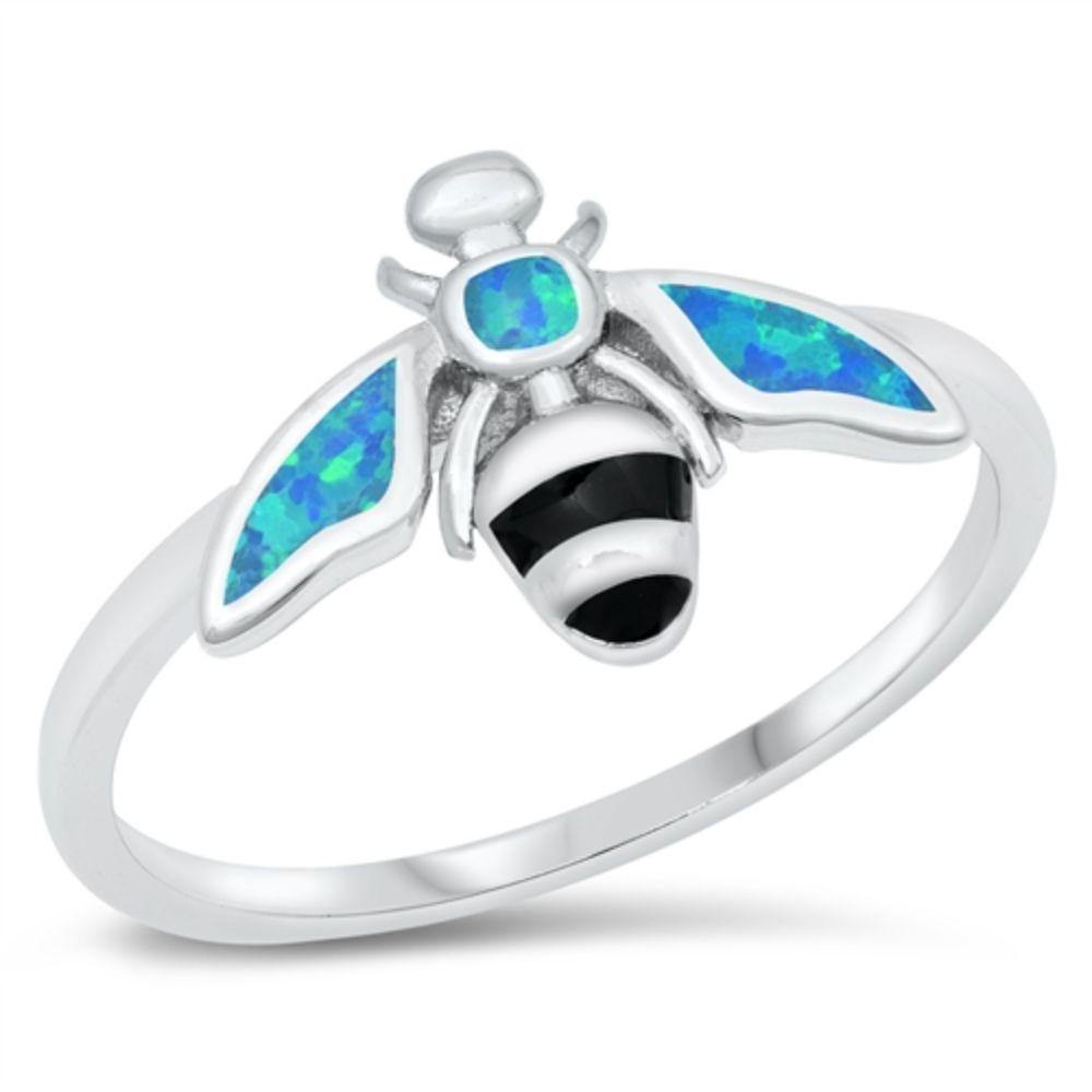 Sterling Silver Rhodium Plated Blue Opal Bee Ring - silverdepot