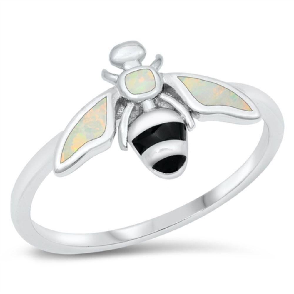 Sterling Silver Rhodium Plated White Opal Bee Ring - silverdepot