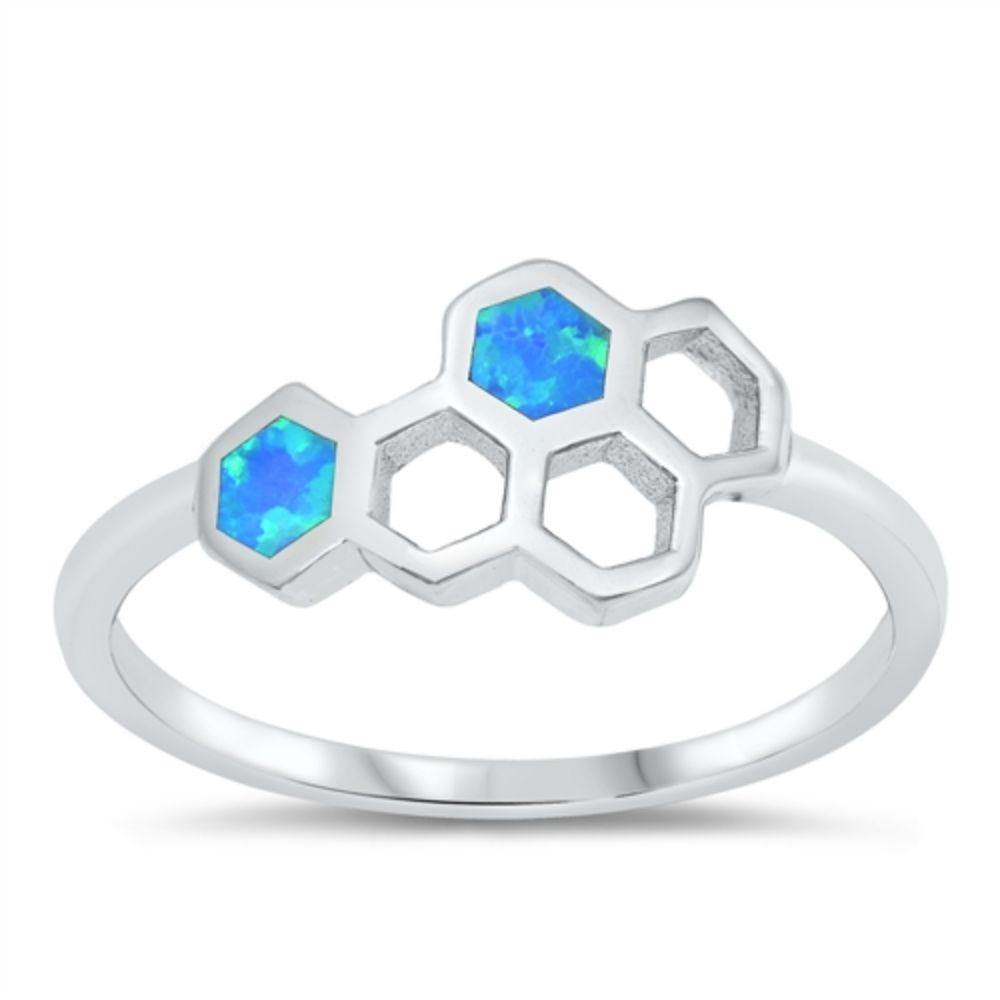 Sterling Silver Rhodium Plated Blue Opal Honeycomb Ring - silverdepot