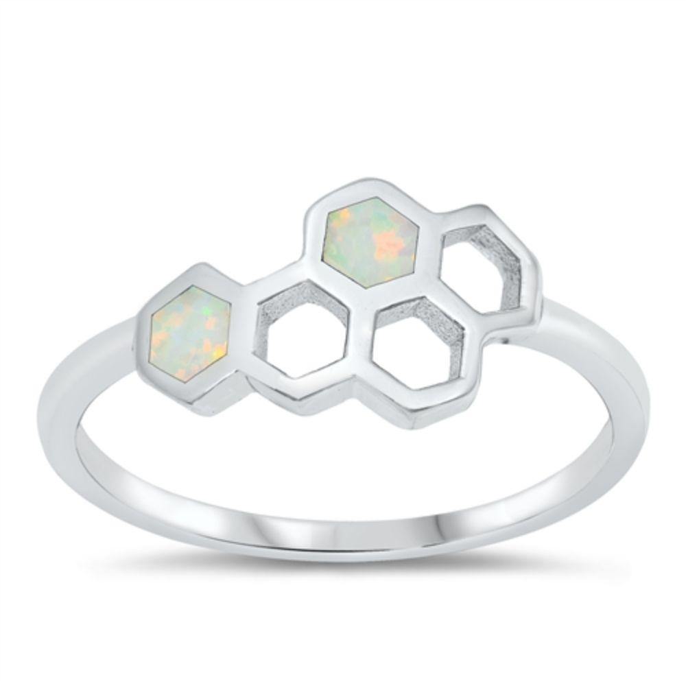 Sterling Silver Rhodium Plated White Opal Honeycomb Ring - silverdepot