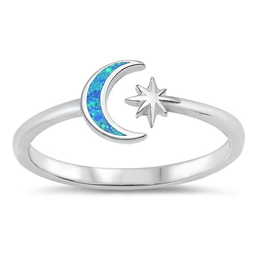 Sterling Silver Rhodium Plated Moon and Star Blue Lab Opal Ring