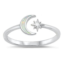 Load image into Gallery viewer, Sterling Silver Rhodium Plated Moon and Star White Lab Opal Ring