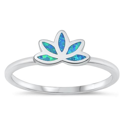 Sterling Silver Rhodium Plated Lotus Blue Lab Opal and Clear CZ Ring