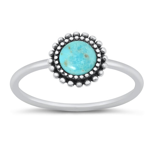 Sterling Silver Oxidized Round Genuine Turquoise Stone Ring Face Height-9.2mm