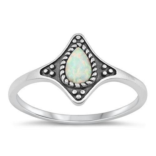 Sterling Silver Rhodium Plated White Lab Opal and Ring