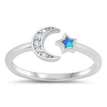 Load image into Gallery viewer, Sterling Silver Blue Lab Opal Moon and Star Ring