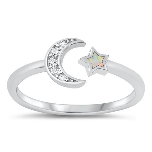 Sterling Silver White Lab Opal Moon & Star Ring