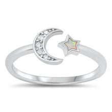 Load image into Gallery viewer, Sterling Silver White Lab Opal Moon &amp; Star Ring