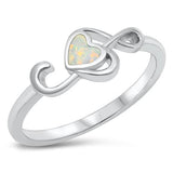 Sterling Silver Rhodium Plated Treble Clef Heart White Lab Opal and Clear CZ Ring