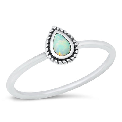 Sterling Silver Oxidized Pear White Lab Opal Ring