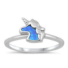 Load image into Gallery viewer, Sterling Silver Rhodium Plated Unicorn Blue Lab Opal Ring