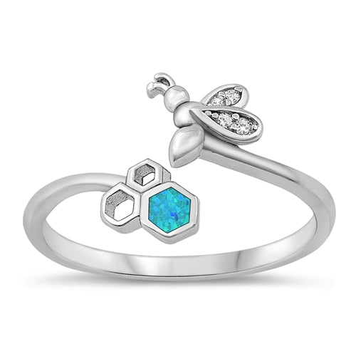 Sterling Silver Rhodium Plated Bee Blue Lab Opal Ring