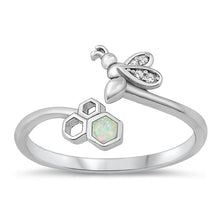 Load image into Gallery viewer, Sterling Silver Rhodium Plated Bee White Lab Opal Ring