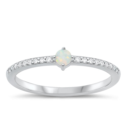 Sterling Silver Rhodium Plated White Lab Opal and CZ Ring-4mm