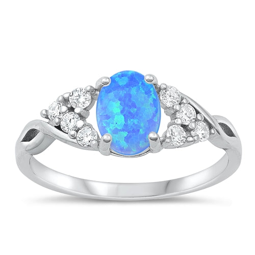 Sterling Silver Rhodium Plated Blue Lab Opal and CZ Ring-8mm