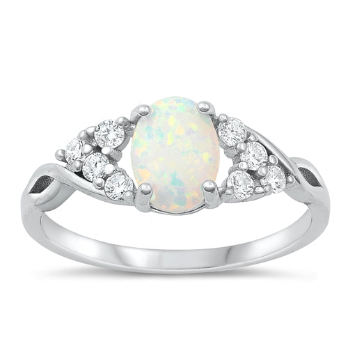 Sterling Silver Rhodium Plated White Lab Opal and CZ Ring-8mm