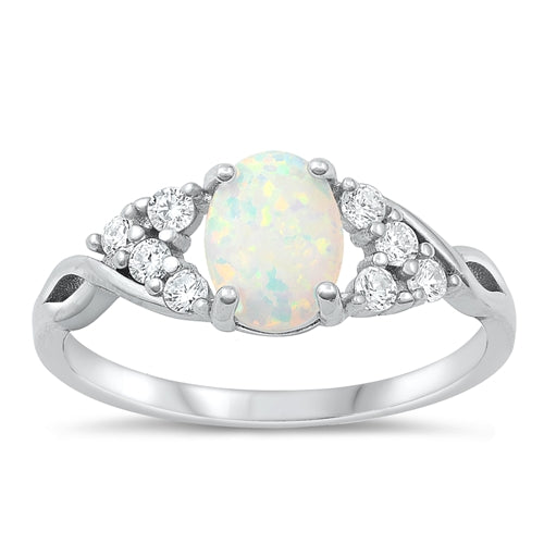 Sterling Silver Rhodium Plated White Lab Opal and CZ Ring-8mm