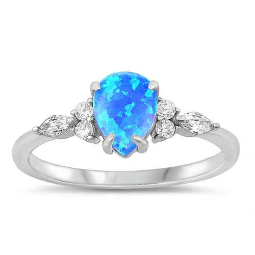 Sterling Silver Rhodium Plated Blue Lab Opal and Clear CZ Ring-8mm