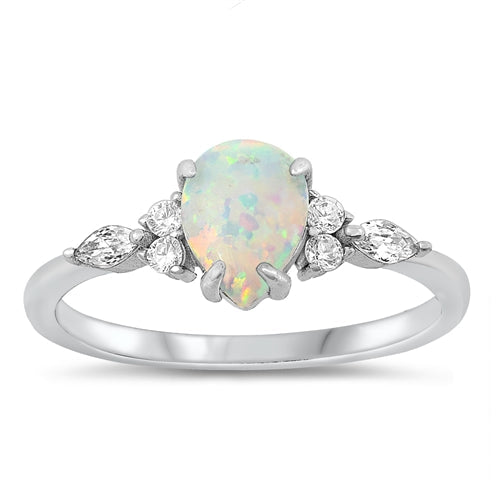 Sterling Silver Rhodium Plated White Lab Opal and Clear CZ Ring-8mm