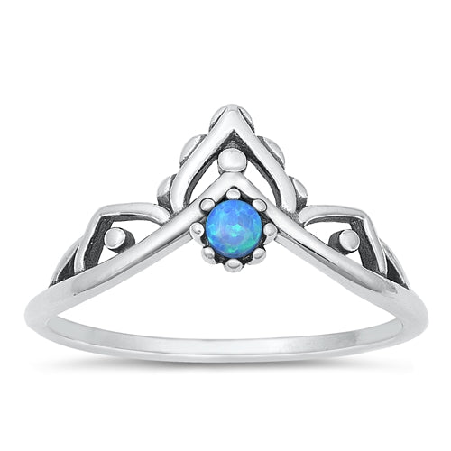 Sterling Silver Oxidized Fancy Crown Blue Lab Opal Ring