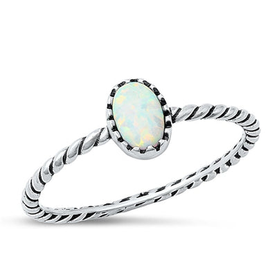 Sterling Silver Oxidized Oval White Lab Opal Ring