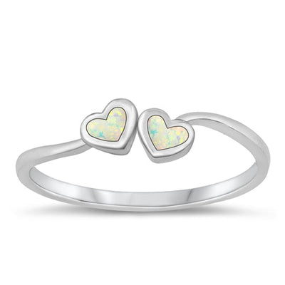 Sterling Silver Rhodium Plated Double Heart White Lab Opal and Ring