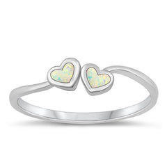 Sterling Silver Rhodium Plated Double Heart White Lab Opal and Ring