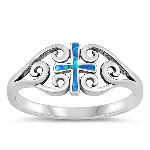 Sterling Silver Rhodium Plated Blue Lab Opal Cross Ring